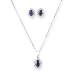 18ct White Gold With Diamond And Blue Sapphire Pendant Suite