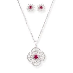18ct White Gold Diamond And Ruby Pendant Suite