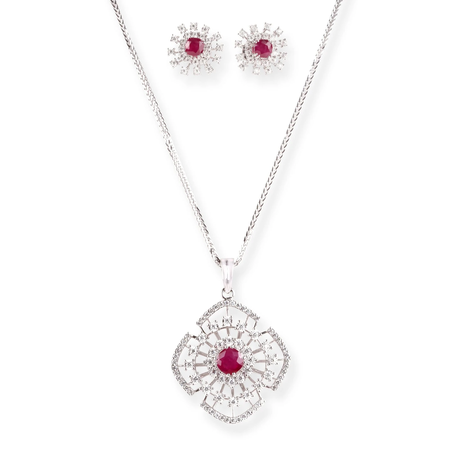 18ct White Gold Diamond and Ruby Pendant Suite 18ct White Gold Diamond And Ruby Pendant Suite -Mathieu Blan Chard Soldes 18ct white gold diamond and ruby chain pendant and earrings set C 7048a MCS7683 MCS7684 scaled