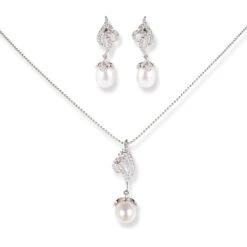 18ct White Gold Diamond & Cultured Pearl Drop Set (Pendant + Chain + Earrings) MCS6066/7