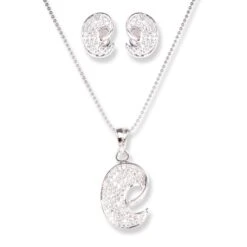 18ct White Gold Set With Cubic Zirconia Stones (Pendant + Chain + Stud Earrings)