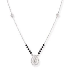18ct White Gold Diamond Teardrop Mangalsutra Necklace With Black Beads
