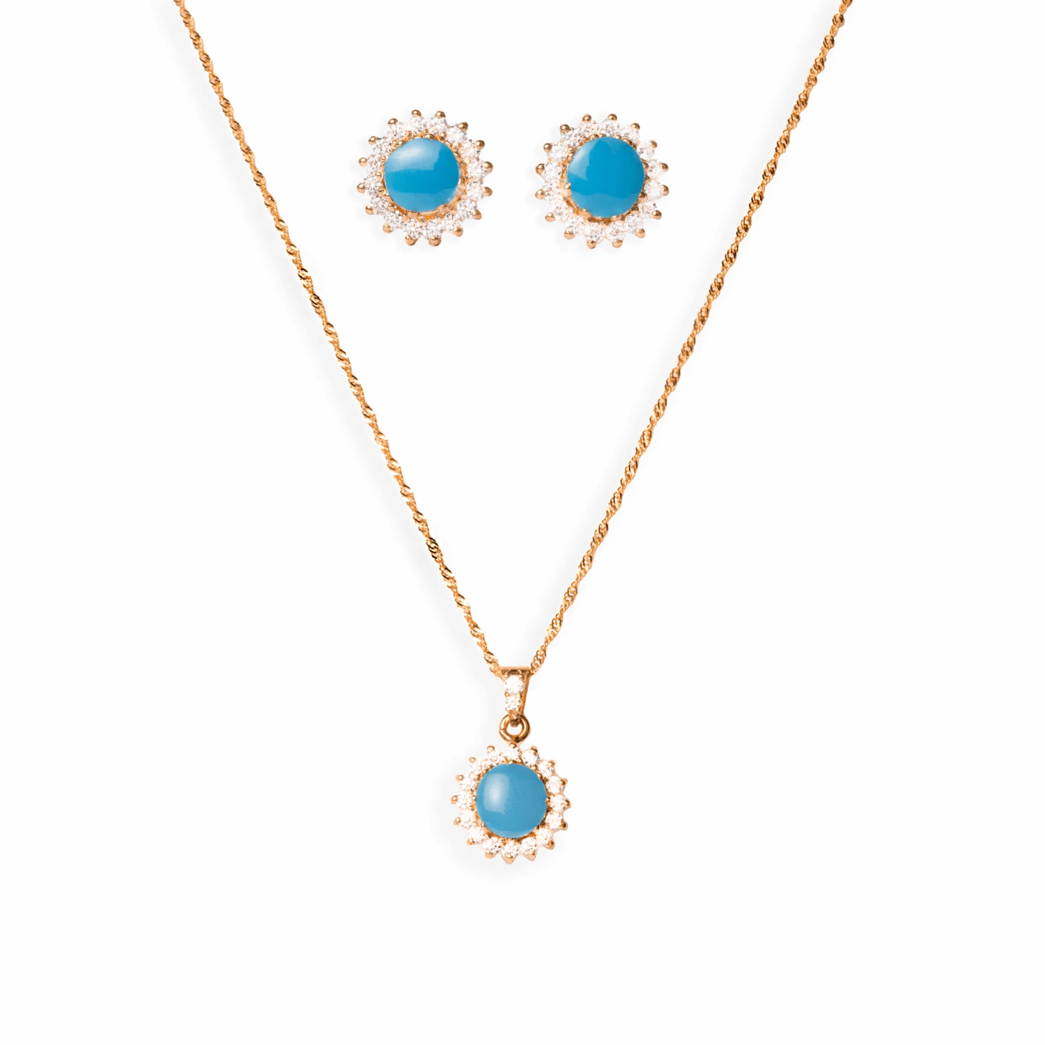 22ct Gold Cubic Zirconia and Turquoise Chain, Pendant and Earrings Set (8.6g) C-2821-16 P-7302 E-7302 22ct Gold Cubic Zirconia And Turquoise Chain, Pendant And Earrings Set (8.6g) C-2821-16 P-7302 E-7302 -Mathieu Blan Chard Soldes 22ct gold chain pendant and earrings set with cubic zirconias and turquoise C 3795 16 scaled