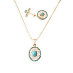 22ct Gold Cubic Zirconia And Turquoise Chain, Pendant And Earrings Set C-5779 P-7301 E-7301