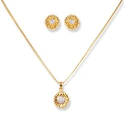 22ct Gold Flower Design Set With Cubic Zirconia Stones (Pendant + Chain + Stud Earrings) C-3795-LC-16 PS11015 E-PS11015