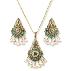 22ct Gold Set With Green Cubic Zirconia Stones & Cultured Pearls (Pendant + Chain + Earrings) (19.8g)