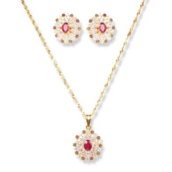 22ct Gold Set With Red & White Cubic Zirconia Stones (Pendant + Chain + Stud Earrings) P-8154 E-8154