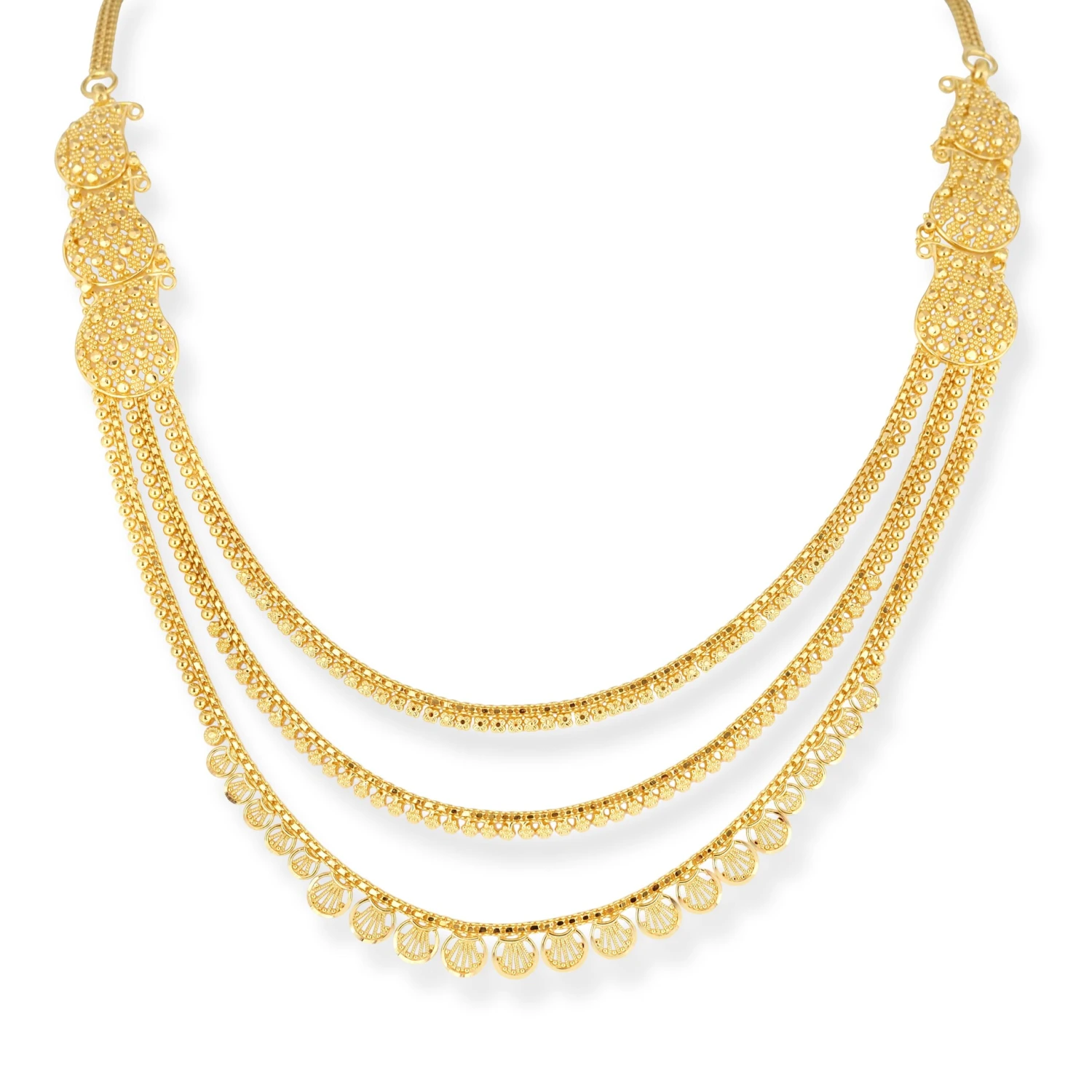 22ct Gold Three-Row Filigree Design Necklace and Drop Earrings Set 22ct Gold Three-Row Filigree Design Necklace And Drop Earrings Set -Mathieu Blan Chard Soldes 22ct gold three row filigree design necklace and drop earrings set N 8630 E 8630N 3 scaled
