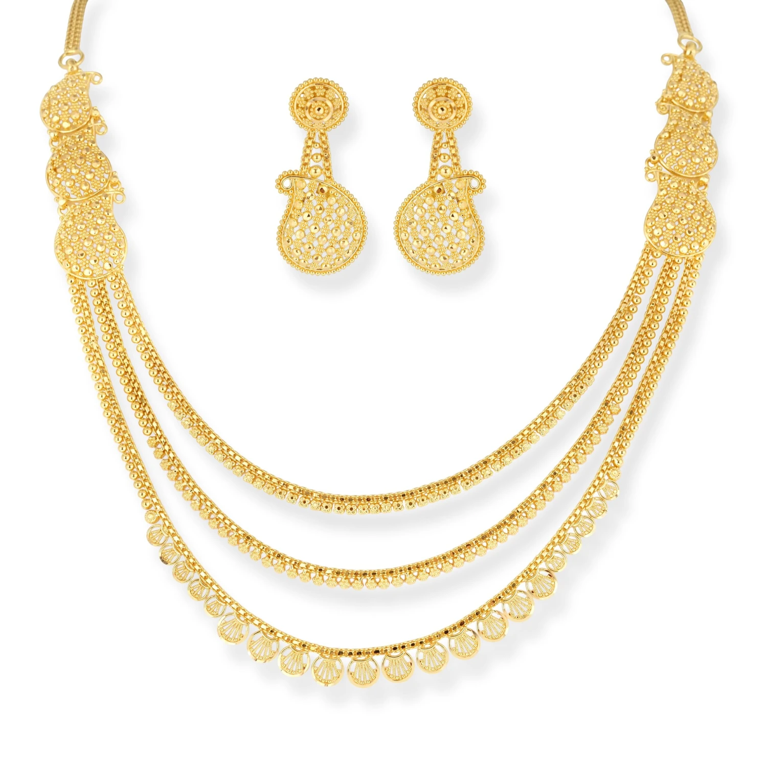 22ct Gold Three-Row Filigree Design Necklace and Drop Earrings Set 22ct Gold Three-Row Filigree Design Necklace And Drop Earrings Set -Mathieu Blan Chard Soldes 22ct gold three row filigree design necklace and drop earrings set N 8630 E 8630N scaled