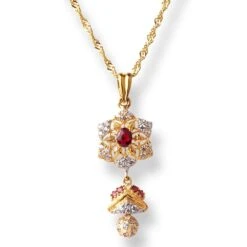 22ct Gold White & Red Cubic Zirconia With Drop Design Chain, Pendant And Earrings Set (13.8g) C-2803 P-7793 E-7793 -Mathieu Blan Chard Soldes 22ct gold white and red cubic zirconia with drop design chain pendant and earrings set 2
