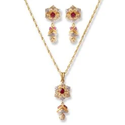 22ct Gold White & Red Cubic Zirconia With Drop Design Chain, Pendant And Earrings Set (13.8g) C-2803 P-7793 E-7793
