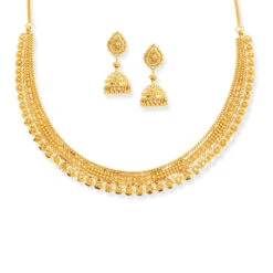 22ct Gold Choker Necklace With Filigree Beads & Matching Earrings