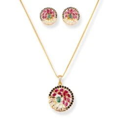 22ct Gold Multicolour Stone Pendant & Earrings Set – Circular Floral Design