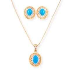 22ct Gold Pendant & Earrings Set With Turquoise Stone And Cubic Zirconia Halo