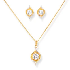 22ct Gold Pendant Suite With Cubic Zirconia Stones – Necklace & Earrings Set