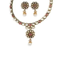 22ct Gold Antiquated Look Necklace And Earrings Set With Cultured Pearls And Cubic Zirconia Stones (70.32g) N&E-3060