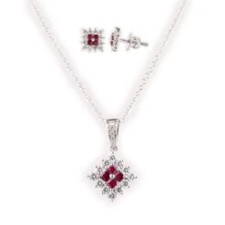18ct White Gold Diamond & Ruby Chain, Pendant And Earrings Set CH11807-16 MCS2597 MCS2598