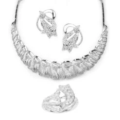 18ct White Gold Necklace, Earrings & Ring Set With Cubic Zirconia Stones (59.1g) N&E&LR-5231