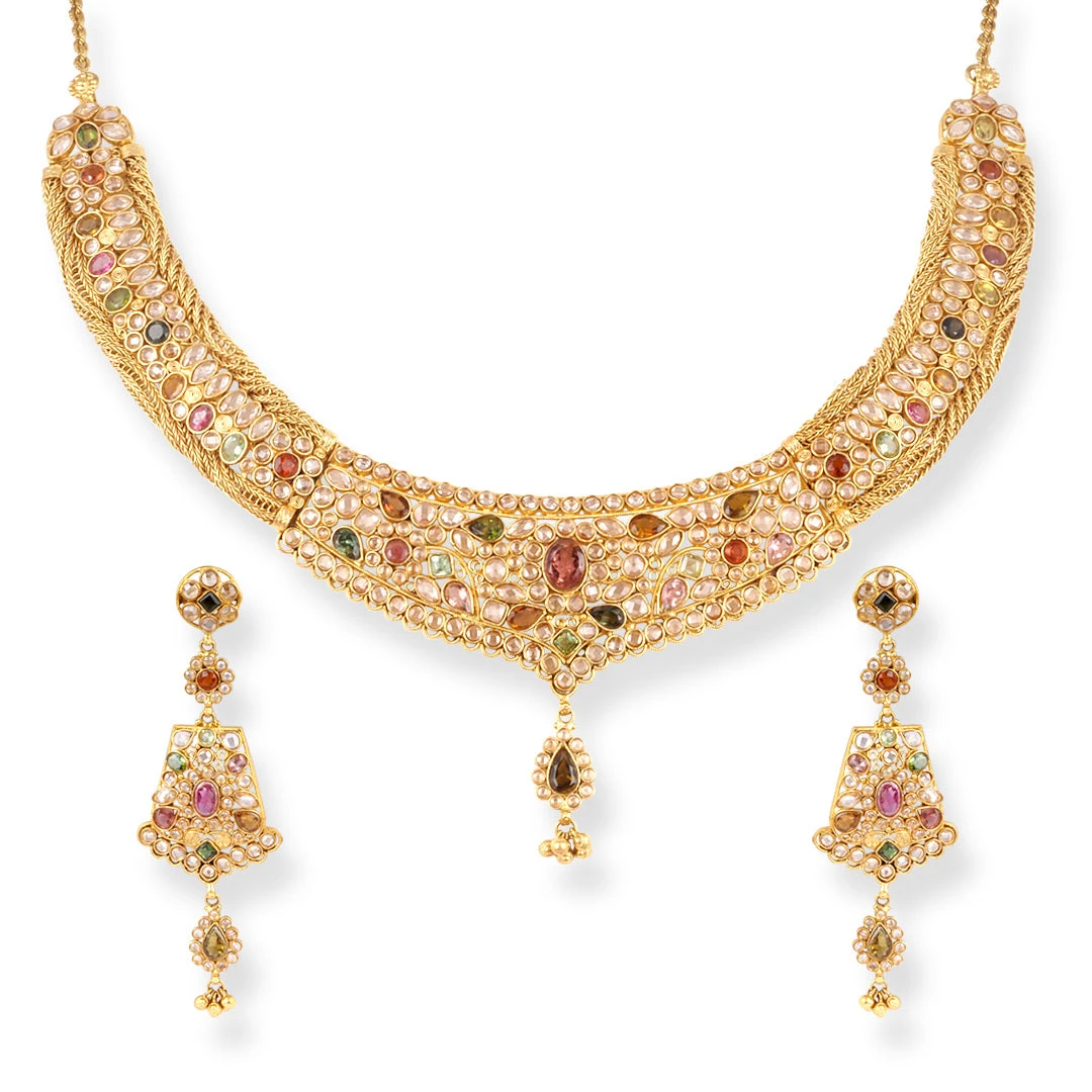 22ct Gold Antiquated Look Design Necklace with Multicoloured Cubic Zirconia Stones & Hook Clasp. 1 22ct Gold Antiquated Look Design Necklace With Multicoloured Cubic Zirconia Stones & Hook Clasp. -Mathieu Blan Chard Soldes P1160242