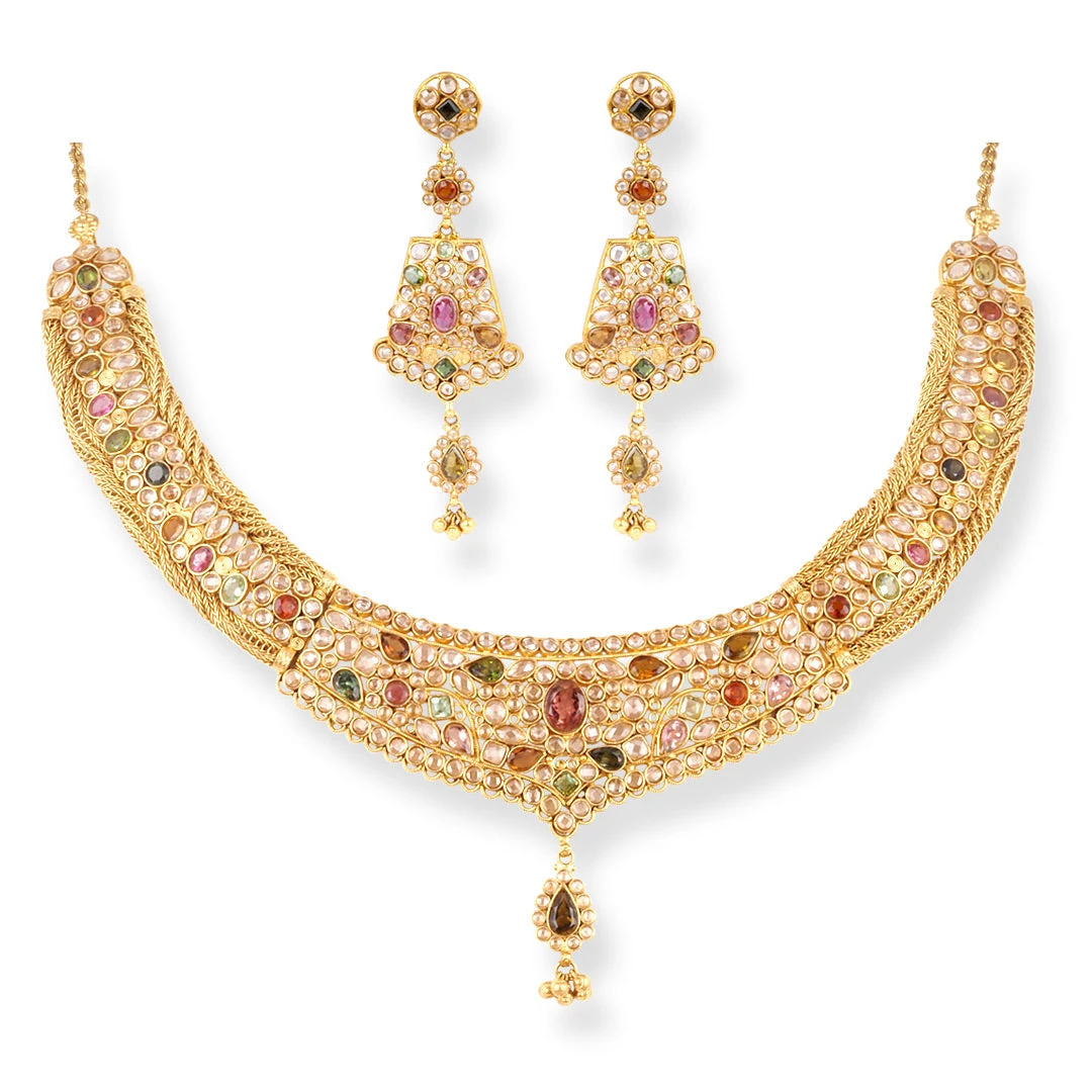 22ct Gold Antiquated Look Design Necklace with Multicoloured Cubic Zirconia Stones & Hook Clasp. 1 22ct Gold Antiquated Look Design Necklace With Multicoloured Cubic Zirconia Stones & Hook Clasp. -Mathieu Blan Chard Soldes P1160242 A