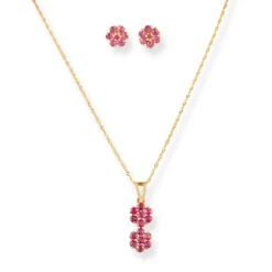 22ct Women's Gold Flower Pattern Pendant Suite With Pink Cubic Zirconia Stones