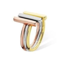 Sterling Silver Three Tone Stack Ring - Elegant Linear Design In Silver, Rose, And Yellow Gold | Size P