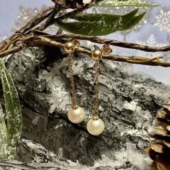 Boucles D’oreilles Perles 8mm Et Chaines En Or Jaune 14K