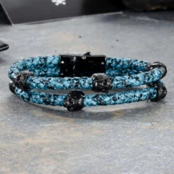 Bracelet Double Tête De Mort Aztec En Cuir