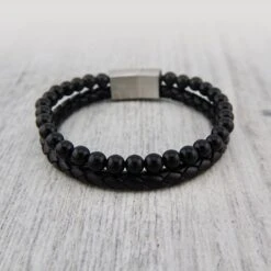 Bracelet Stone En Cuir, Acier Et Agate