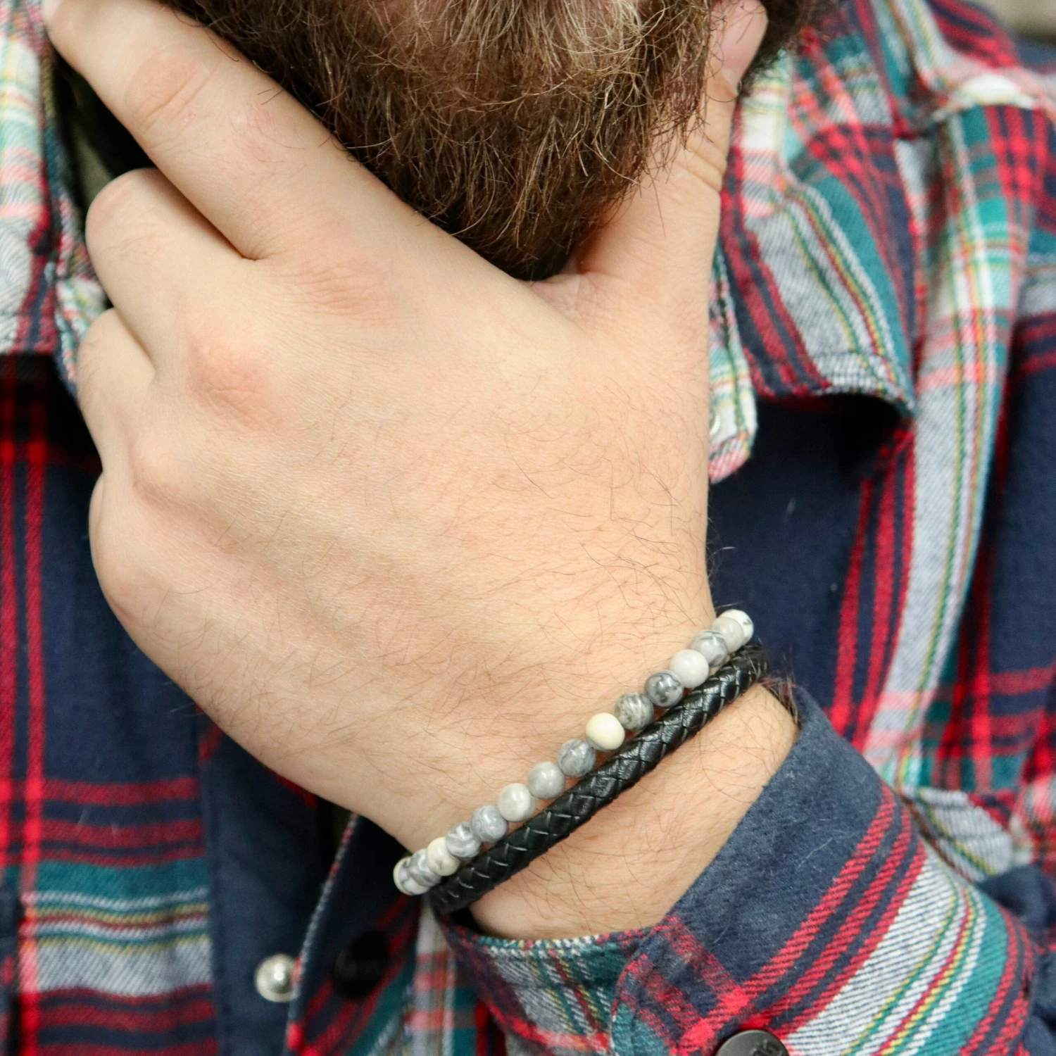 Bracelet Stone en cuir, acier et jaspe Bracelet Stone En Cuir, Acier Et Jaspe -Mathieu Blan Chard Soldes bracelet stone en cuir acier et jaspe mathieu blanchard bracelets mathieu blanchard 39695213953272 scaled