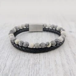 Bracelet Stone En Cuir, Acier Et Jaspe