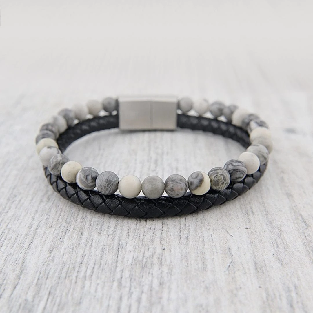 Bracelet Stone en cuir, acier et jaspe Bracelet Stone En Cuir, Acier Et Jaspe -Mathieu Blan Chard Soldes bracelet stone en cuir acier et jaspe mathieu blanchard bracelets mathieu blanchard 40271001977080