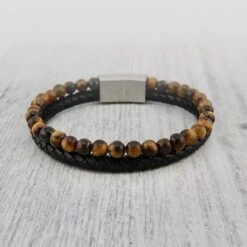 Bracelet Stone En Cuir, Acier Et Oeil De Tigre