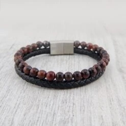 Bracelet Stone En Cuir, Acier Et Oeil De Tigre Rouge